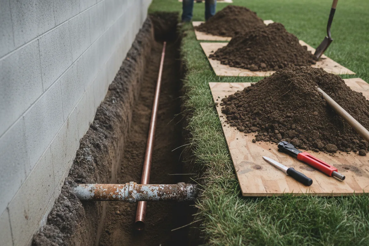 Excavated water line trench during Water Heater Repair in Livonia